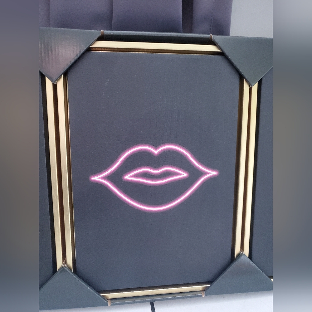 Neon Lips Wall Art in Pink and Gold Frame